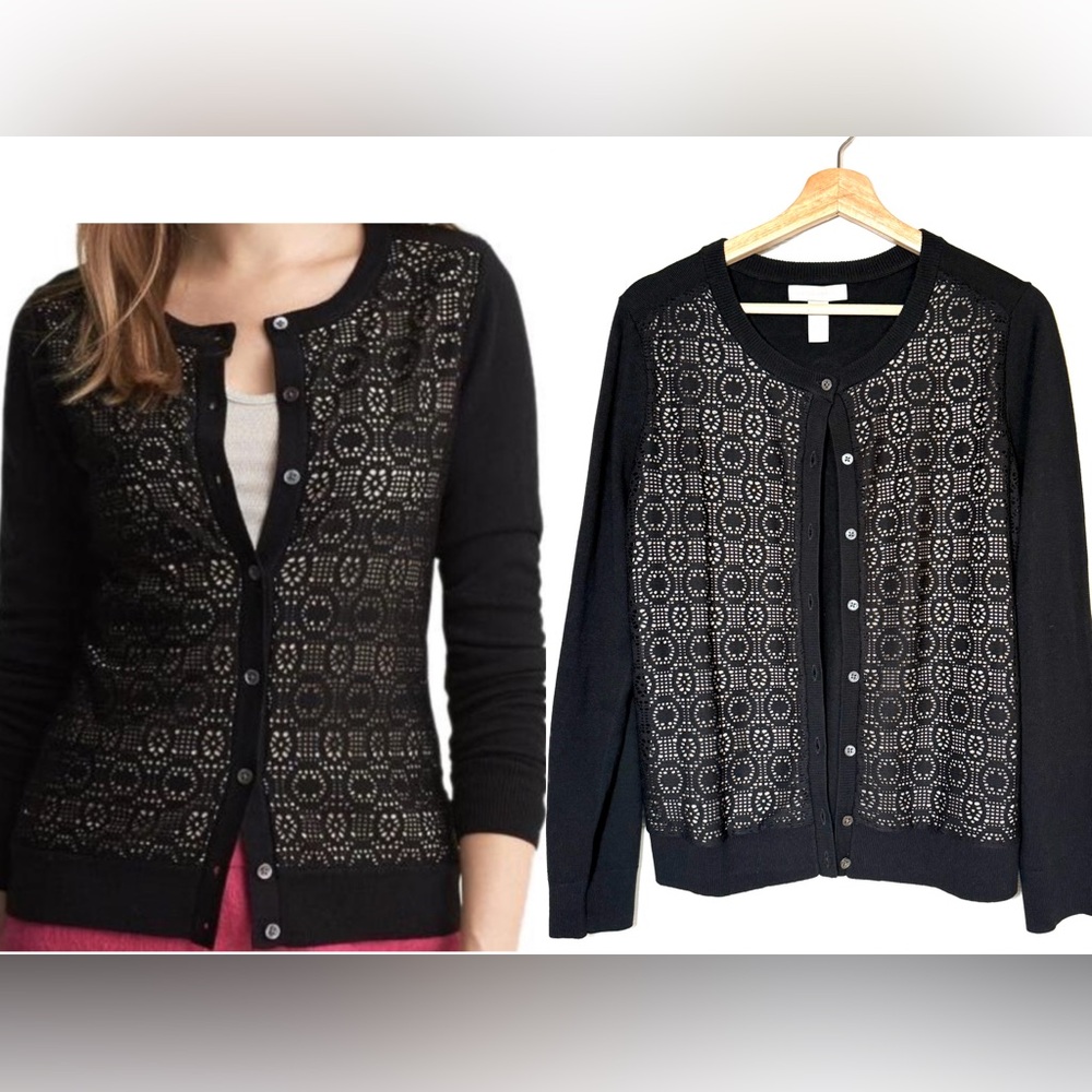 Banana Republic Black Knit Wool Cardigan Lace Front Grunge Artsy Whimsgoth Sz L